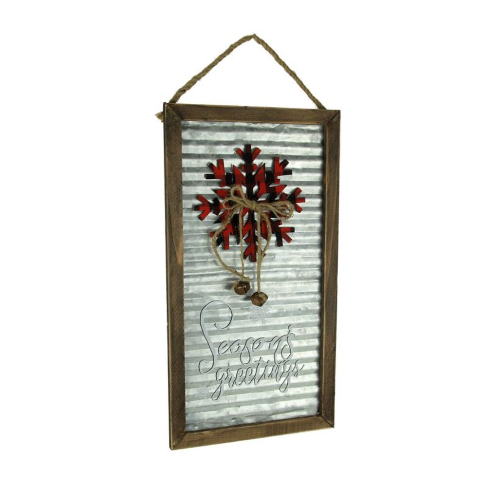 Wood Framed Rustic Metal Seasons Greetings Wall Hanging